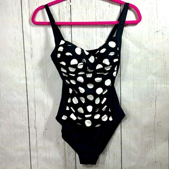La Blanca Black White Polka Dot One Piece Swimsuit Ruched Retro Style Beach - Picture 1 of 16